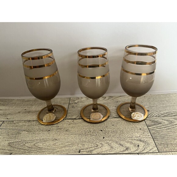 Vintage Bohemia Smoke Gray Frosted Gold Band Cordial Glasses Set of 6 Czech - Picture 3 of 7